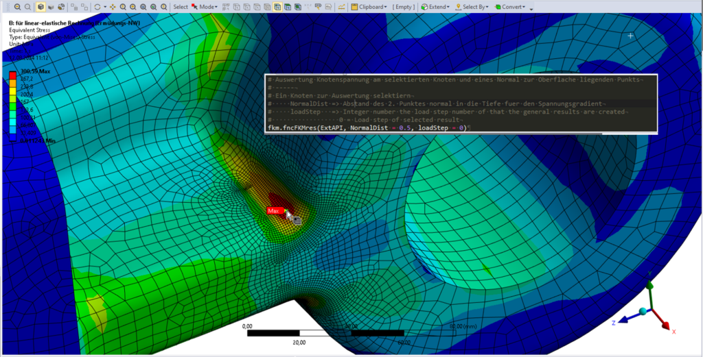 Auswahl des Spannungspunktes in Ansys und Aufruf des Scripts zur Datenübergabe an Excel